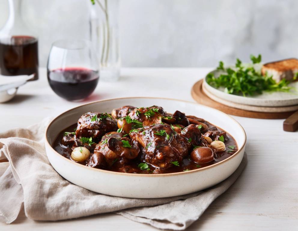 "Coq au Vin" mit rotem Sturm "Coq au Vin" mit rotem Sturm