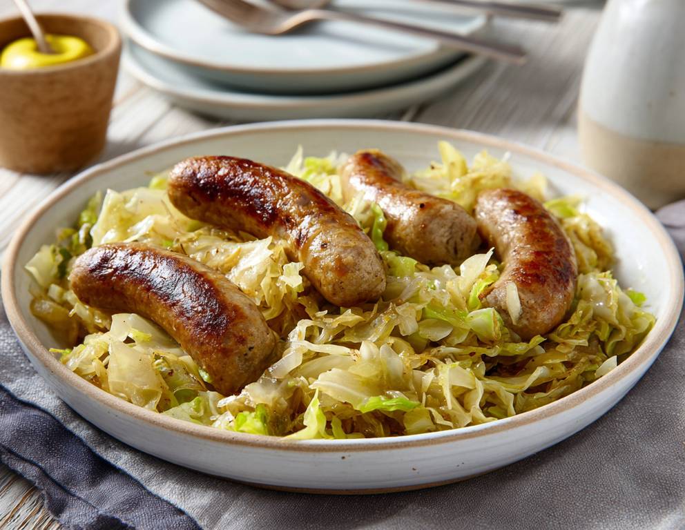Kümmelkohlgemüse mit Bratwurst aus dem Dampfgarer Kümmelkohlgemüse mit Bratwurst aus dem Dampfgarer