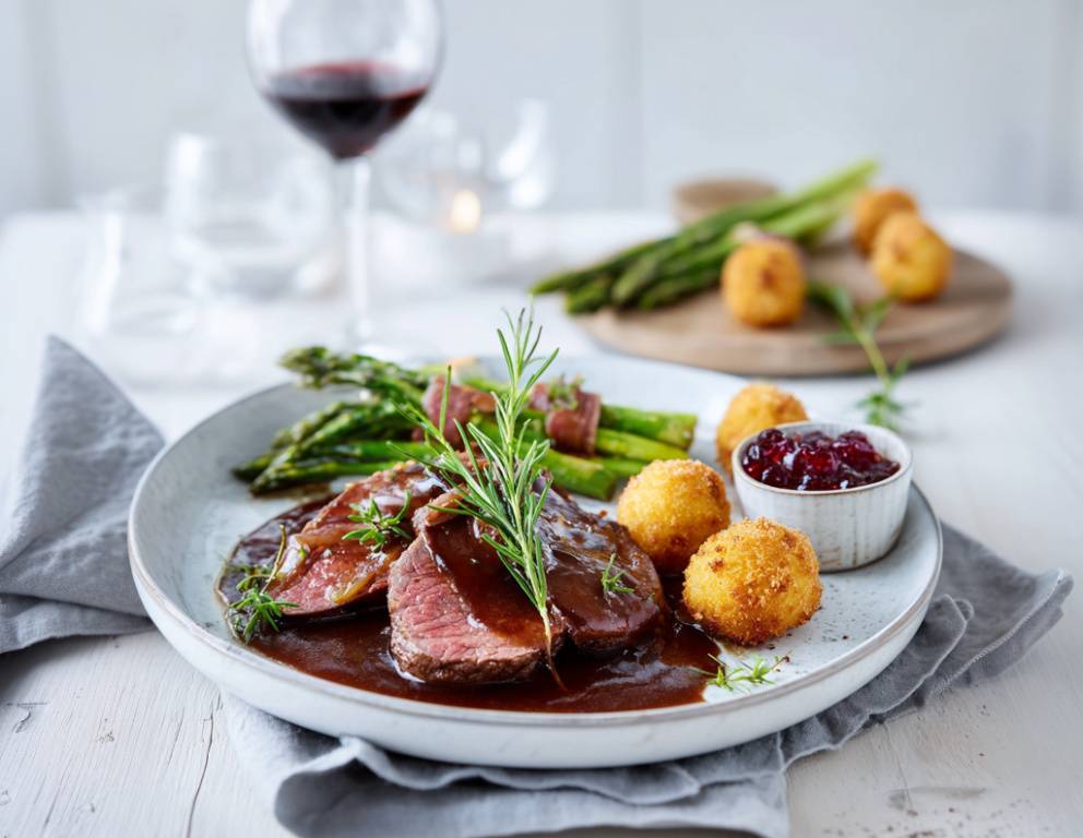 Rehschnitzel in Rotweinsauce mit Spinatkroketten und grünem Spargel