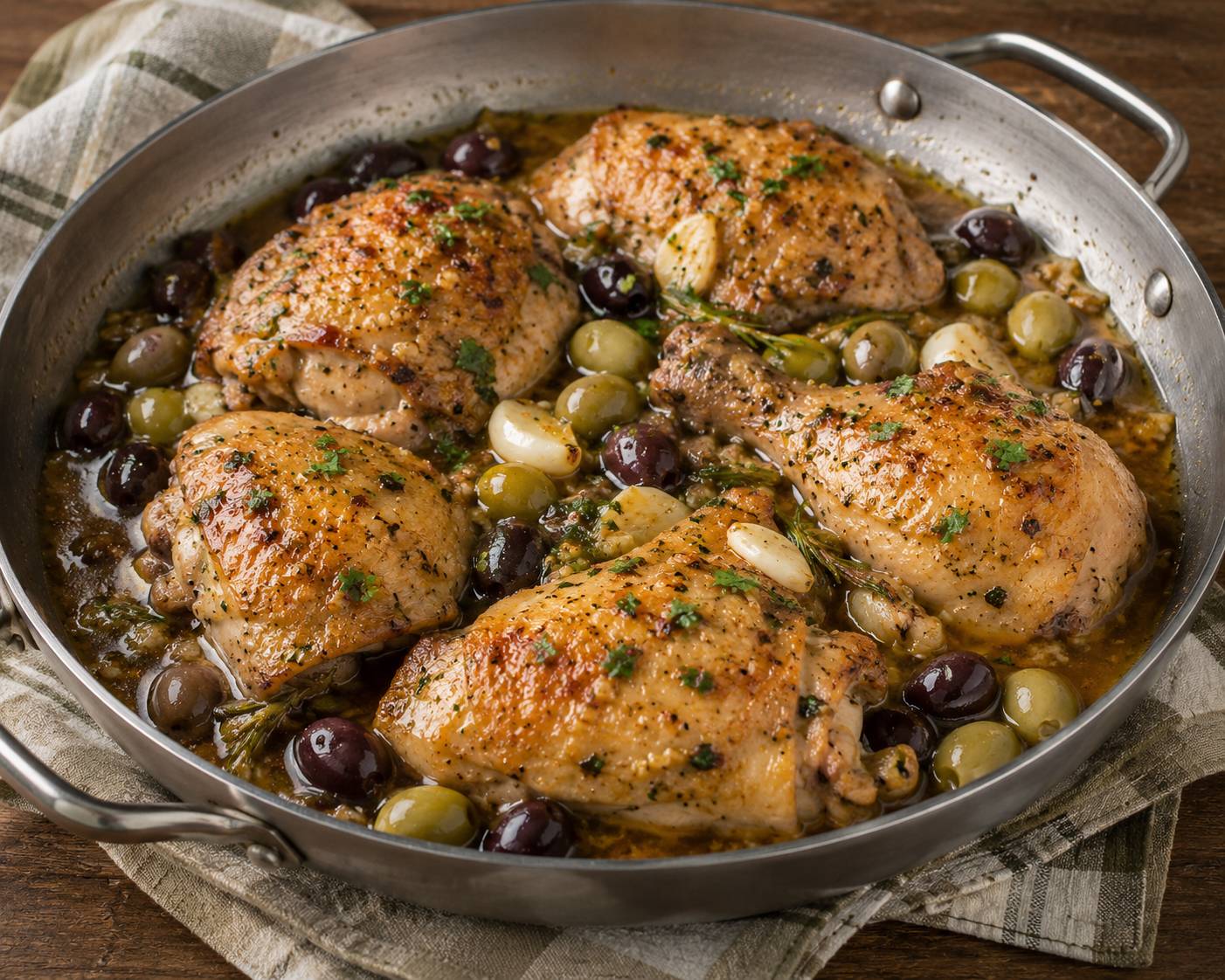 Geschmortes Hendl mit Knoblauch und Oliven