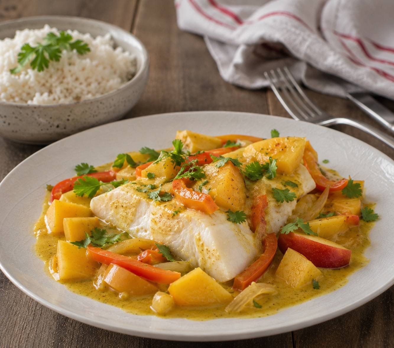 Pfirsich-Fisch-Curry aus dem Dampfgarer