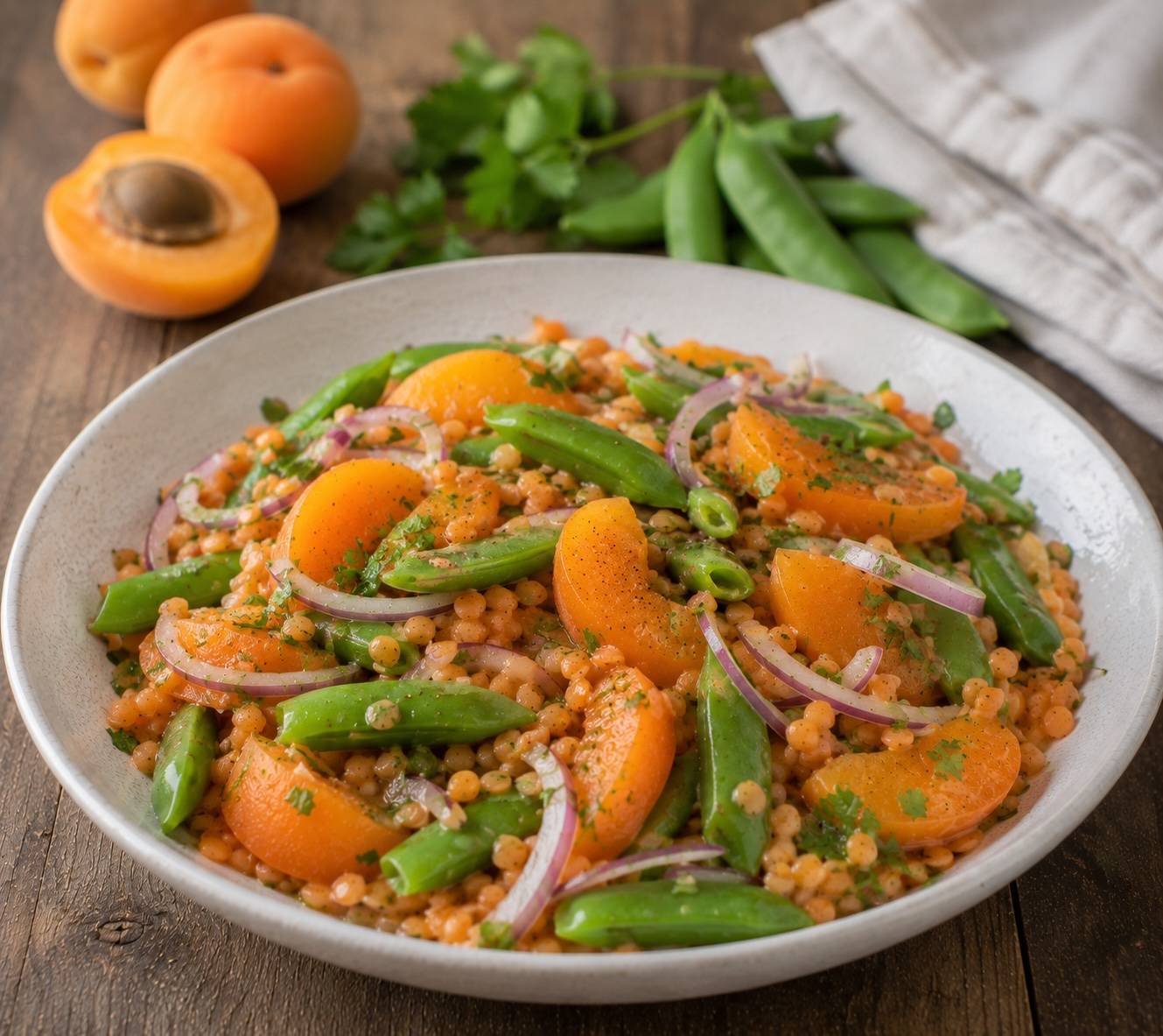 Linsensalat mit Marillen und Zuckerschoten