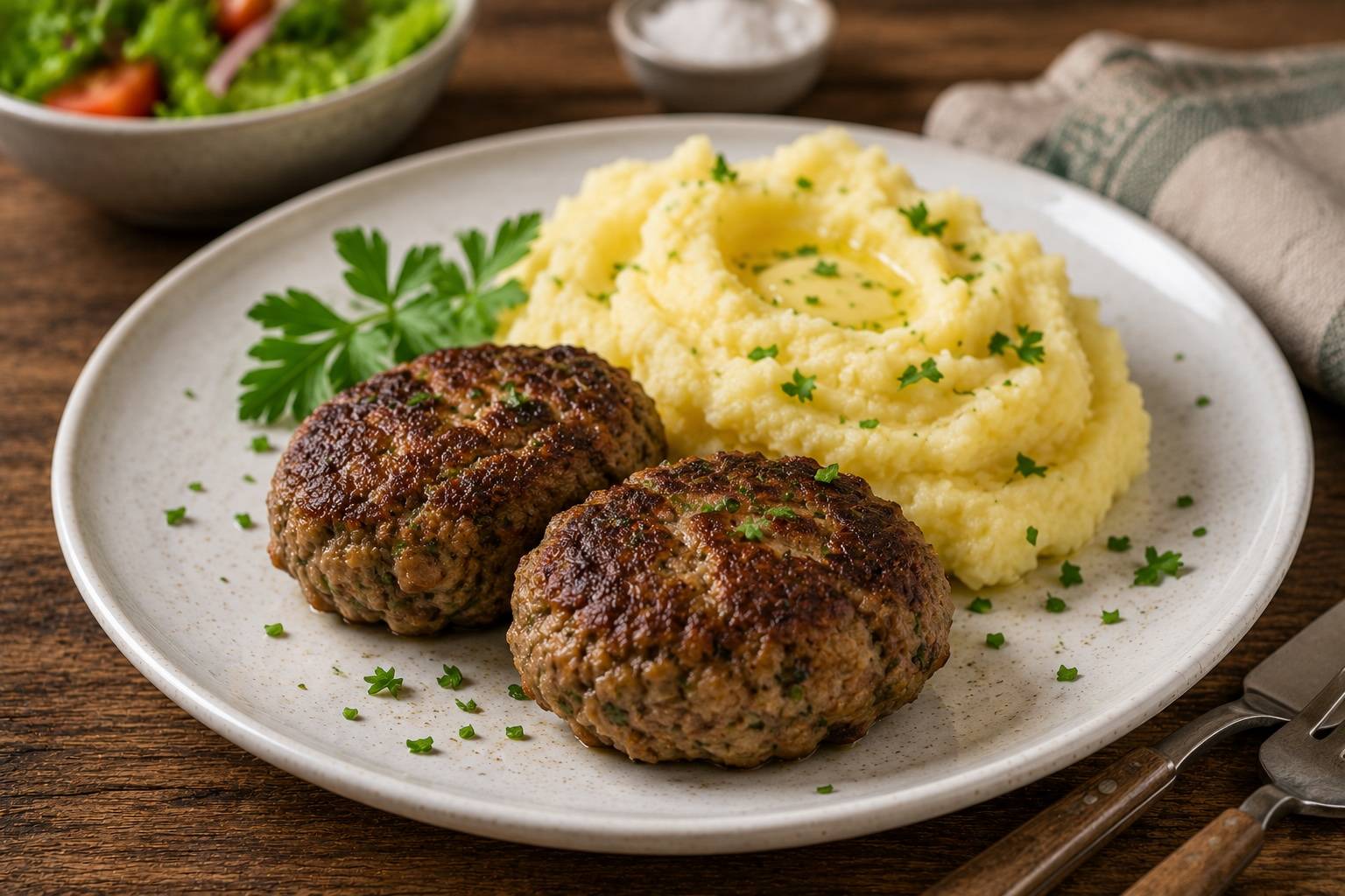 Faschierte Lammfleisch Laibchen mit Erdäpfelpüree