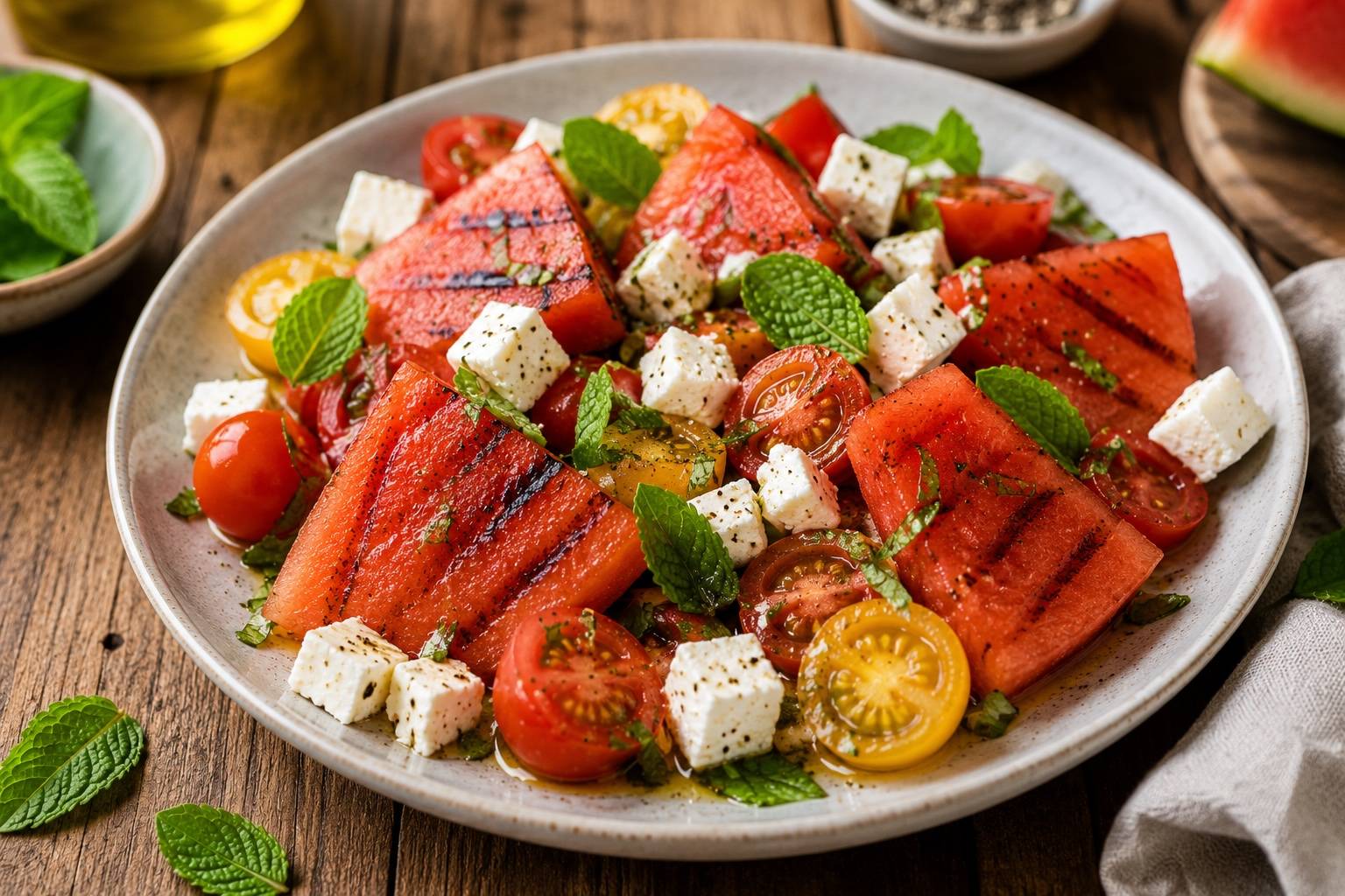 Gegrillte Wassermelone in Minze-Tomatensalat mit Feta