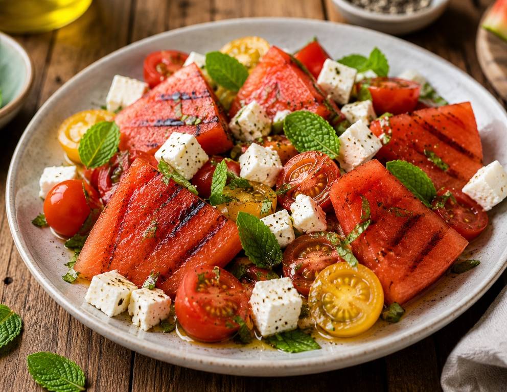 Gegrillte Wassermelone in Minze-Tomatensalat mit Feta Gegrillte Wassermelone in Minze-Tomatensalat mit Feta