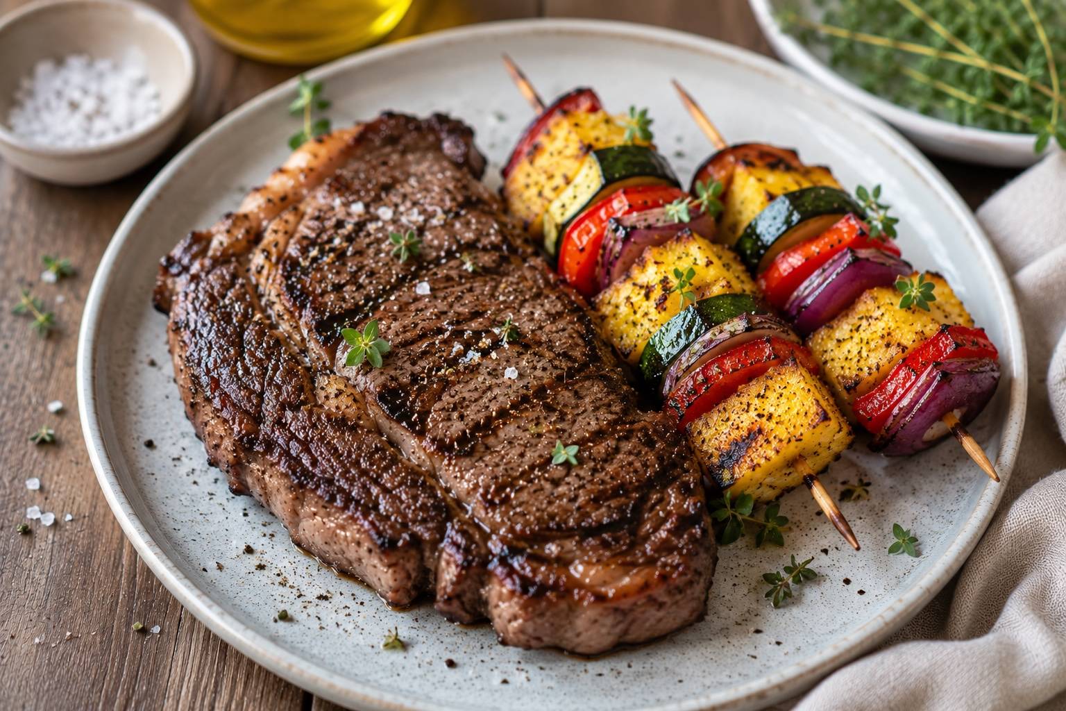 Rib Eye Steak mit Gemüsepolentaspieß