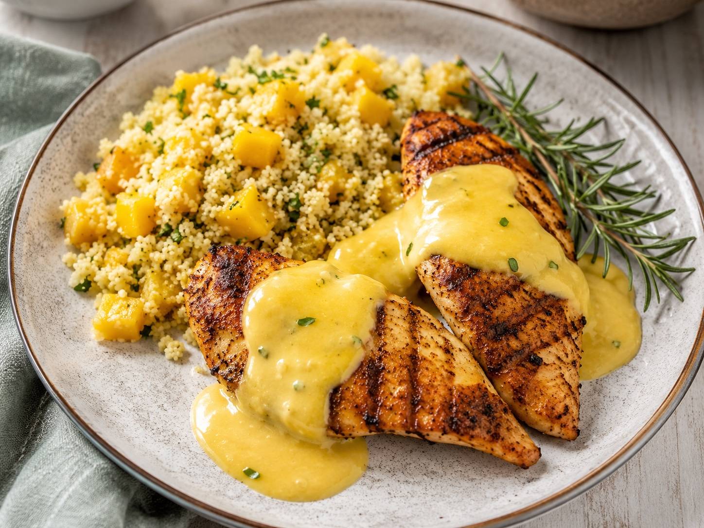 Mango-Couscous mit Hühnerfilet und Mangosauce