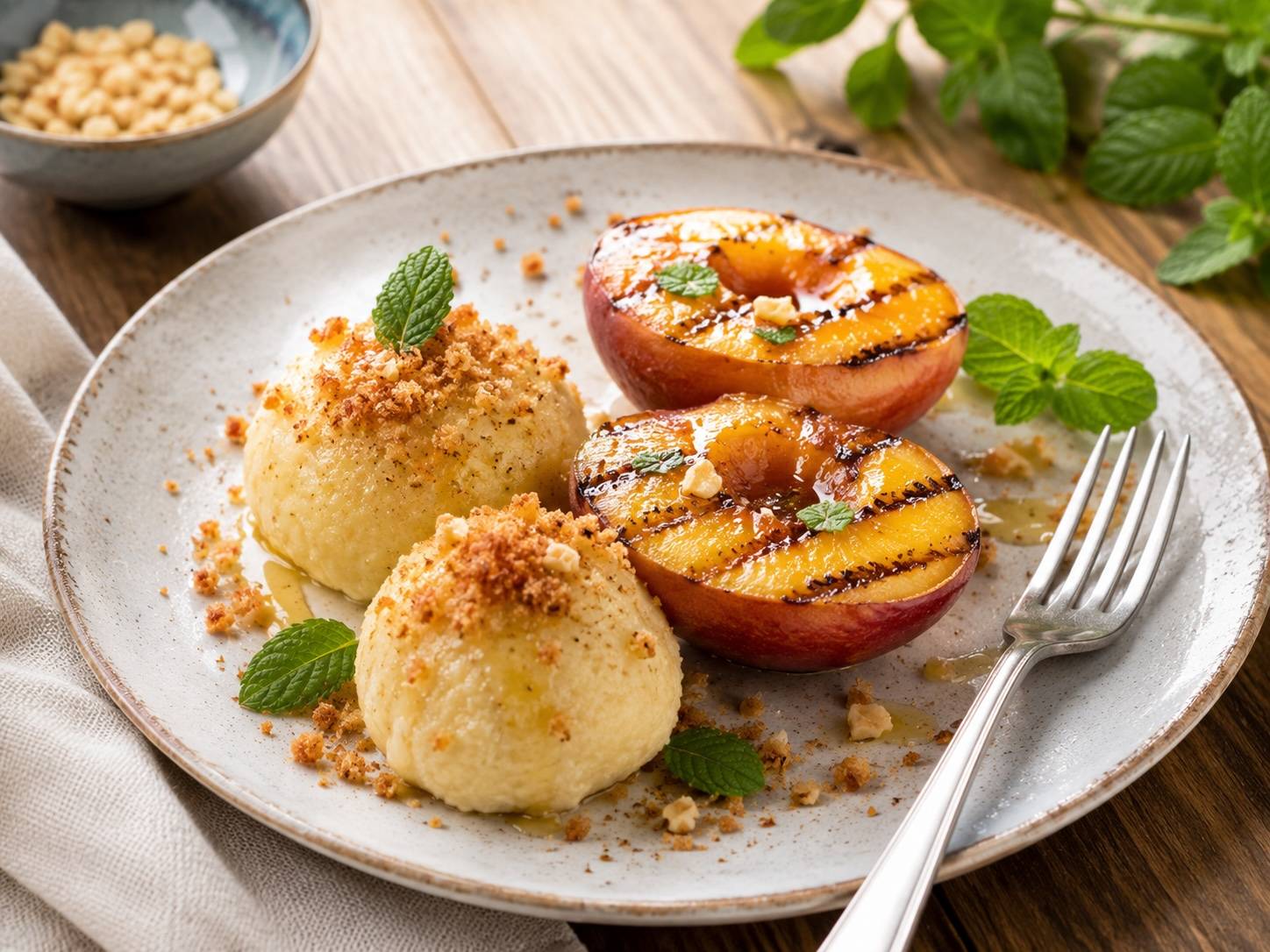 Gegrillter Pfirsich mit Ricotta-Grießknödel