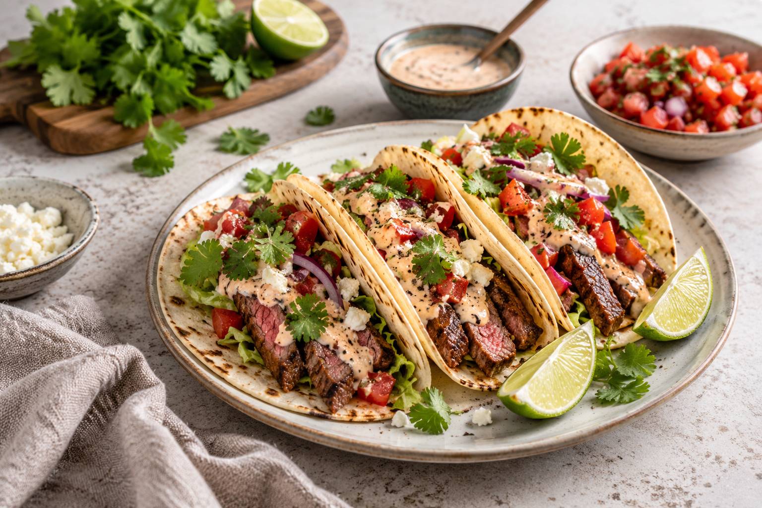 Würzige Steak-Tacos mit Chipotle-Limette-Joghurt-Dressing