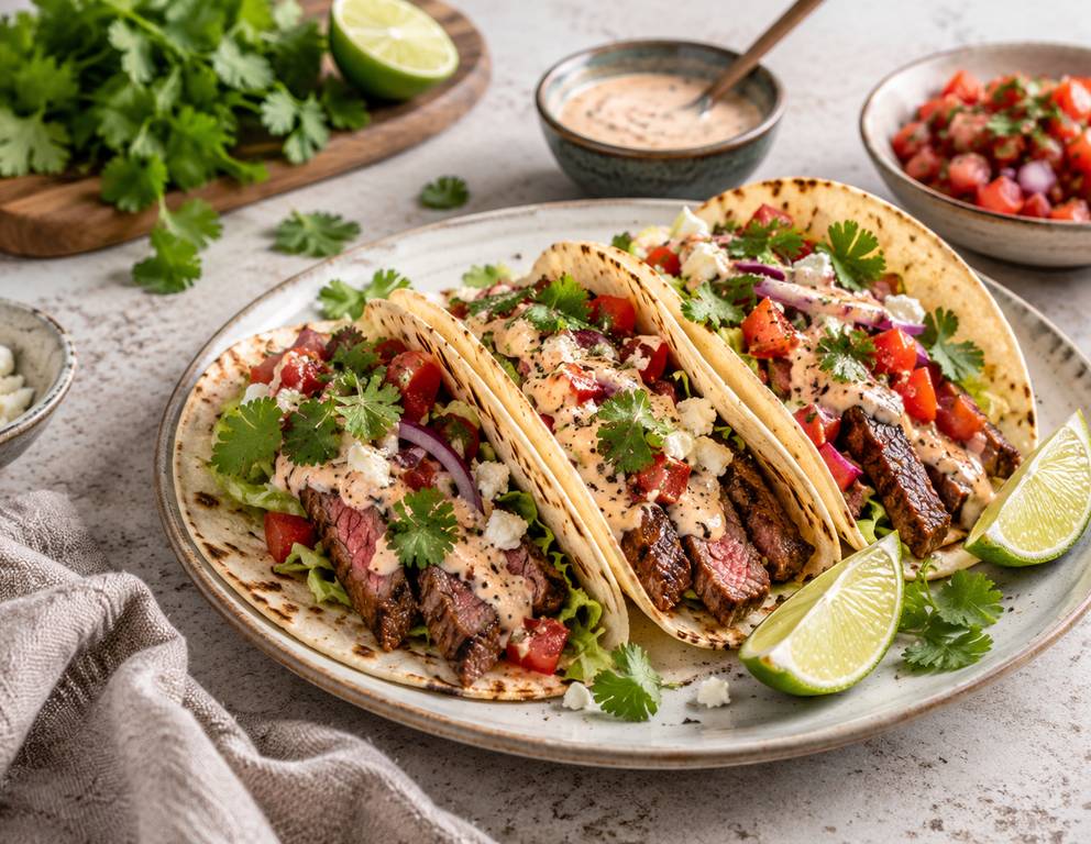 Würzige Steak-Tacos mit Chipotle-Limette-Joghurt-Dressing Würzige Steak-Tacos mit Chipotle-Limette-Joghurt-Dressing