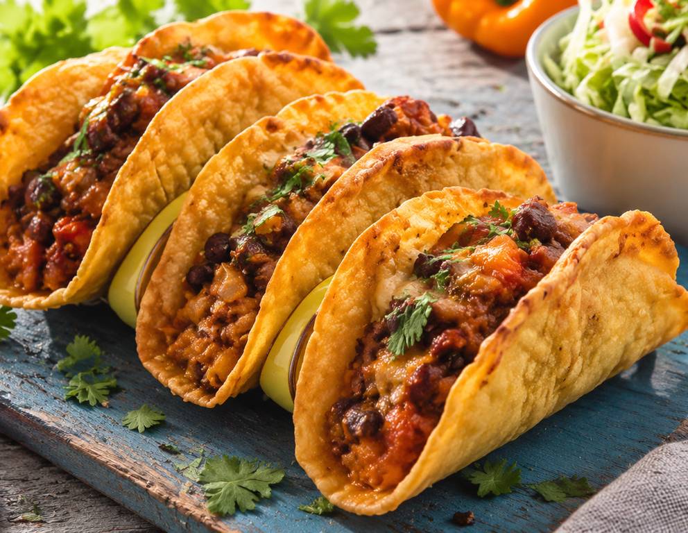 Selbstgemachte Tacos mit Bohnenfüllung Selbstgemachte Tacos mit Bohnenfüllung