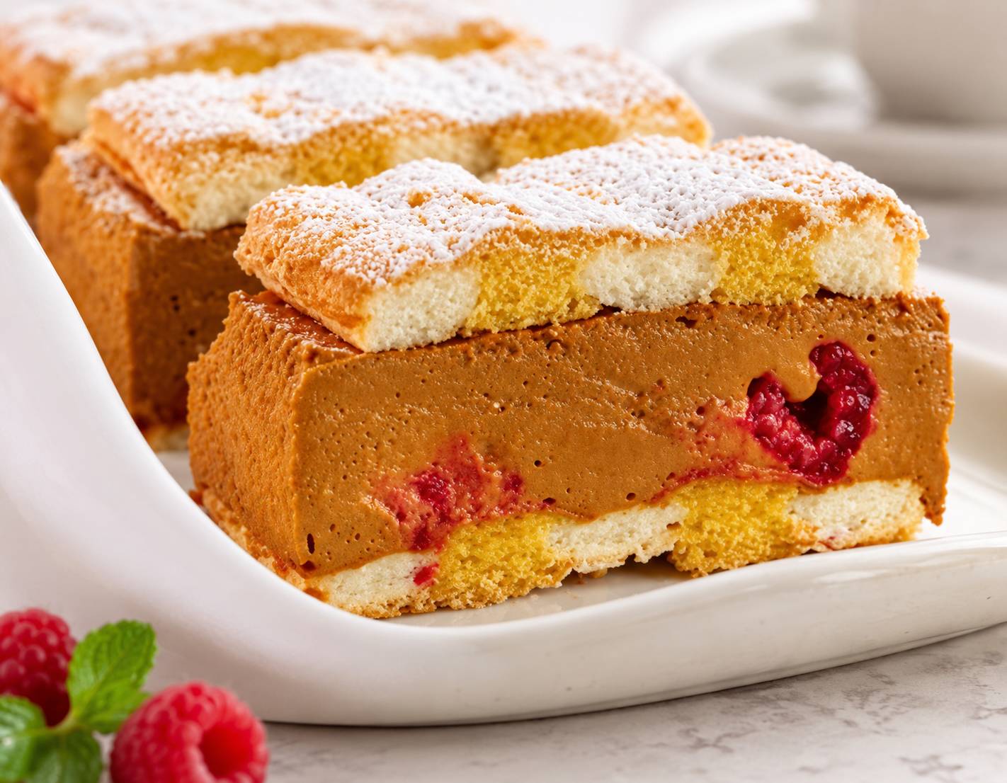 Kardinalschnitten mit Kaffee und Himbeeren