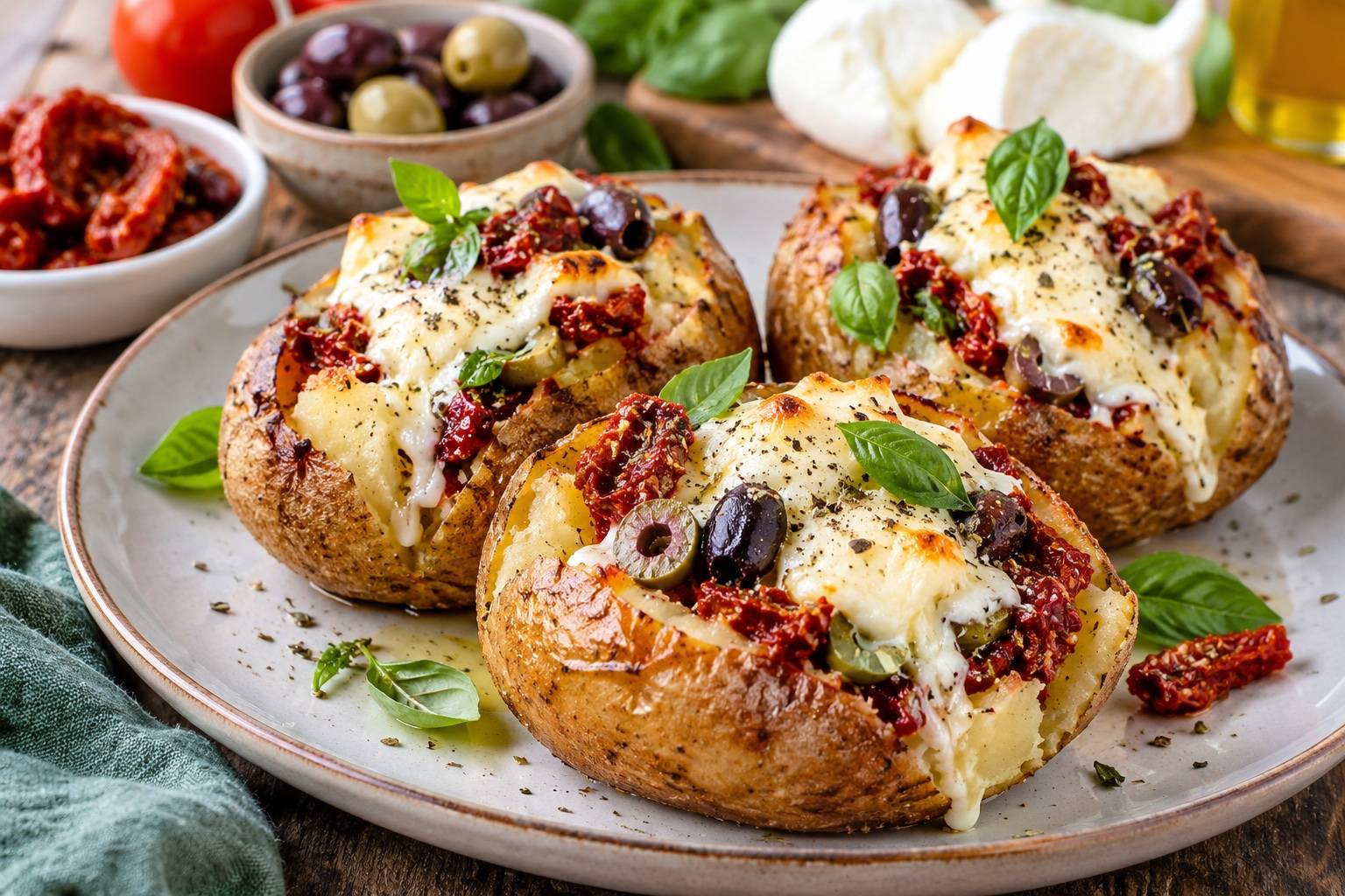 Ofenkartoffeln mit getrockneten Tomaten, Mozzarella und Oliven