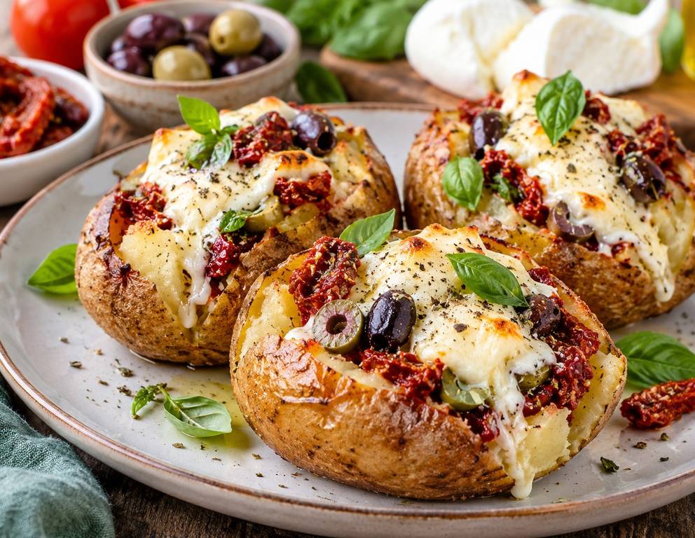 Ofenkartoffeln mit getrockneten Tomaten, Mozzarella und Oliven Ofenkartoffeln mit getrockneten Tomaten, Mozzarella und Oliven