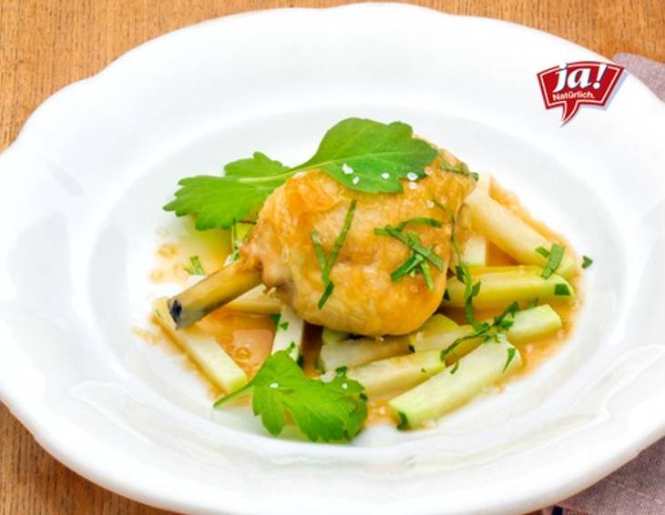 Hendlkeulen mit Beifuß glasiert und Kohlrabi Hendlkeulen mit Beifuß glasiert und Kohlrabi
