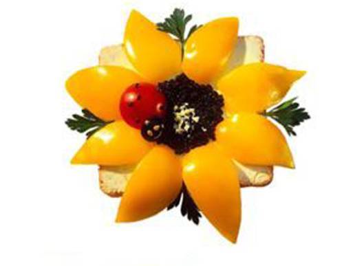 <p>Kaviar-Sonnenblume mit Tomaten-Marienk&auml;fer</p>