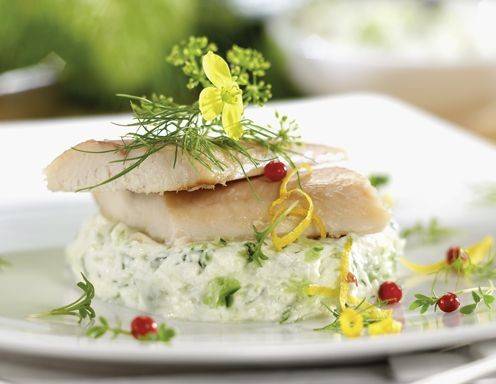Saibling auf Gruken-Topfenmousse Rezept