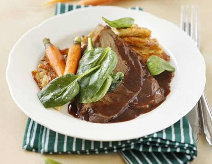 Gekochter Tafelspitz mit Rösti und warmem Spinatsalat Gekochter Tafelspitz mit Rösti und warmem Spinatsalat