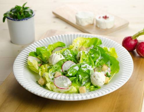 Häuptelsalat mit Käsebällchen und Joghurt-Dressing