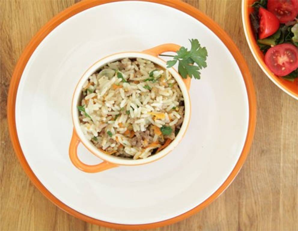 Schnelles Risotto mit Rinderfaschiertem aus dem Dampfgarer Schnelles Risotto mit Rinderfaschiertem aus dem Dampfgarer