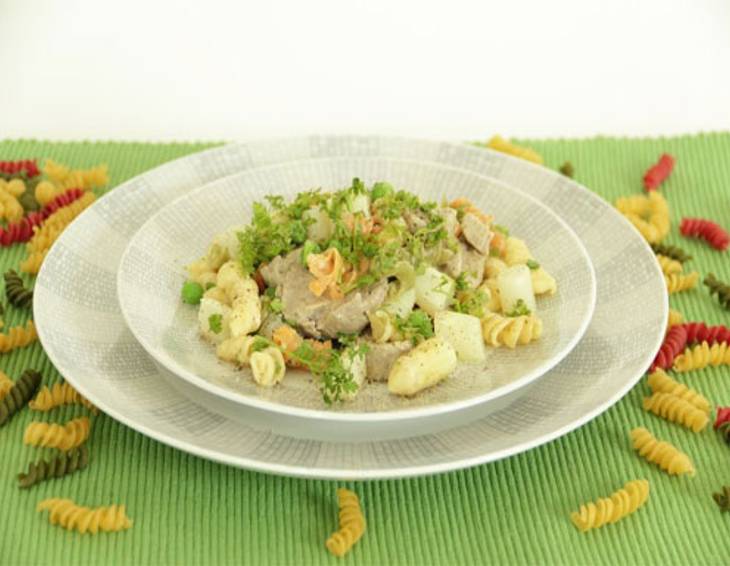 Bunte Spiralnudeln in Obers-Kerbelsauce mit Schweinefilet aus dem Dampfgarer Bunte Spiralnudeln in Obers-Kerbelsauce mit Schweinefilet aus dem Dampfgarer
