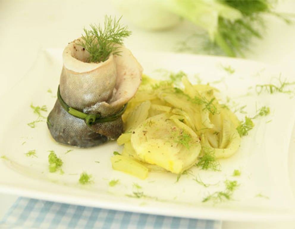 Saiblingsröllchen auf Safran-Fenchel aus dem Dampfgarer Saiblingsröllchen auf Safran-Fenchel aus dem Dampfgarer