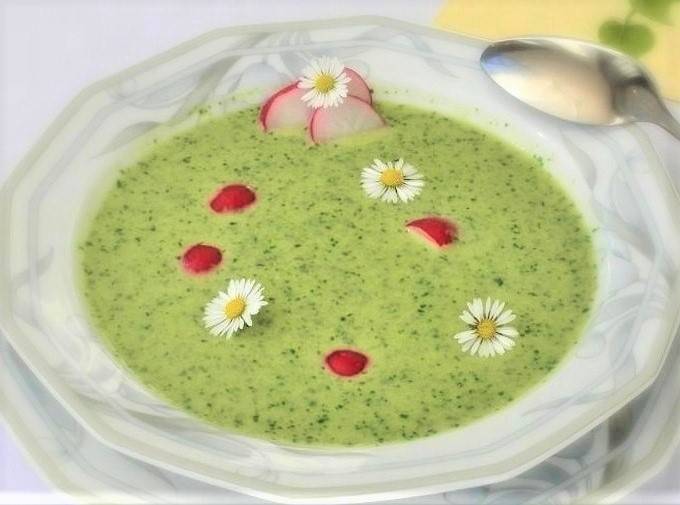 Radieschenblätter Suppe mit Gänseblümchen