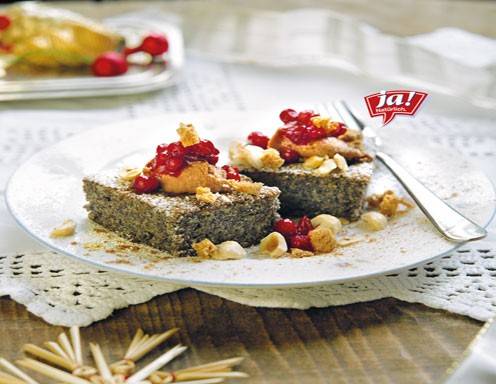 Klicken Sie mit der rechten Maustaste hier, um Bilder herunterzuladen: Lebkuchen-Mohnschnitte mit Nougat und Preiselbeeren