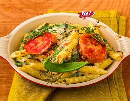 Überbackene Penne mit Frischkäsecreme und Kräuter