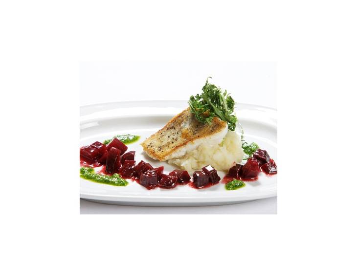 Gebratener Zander auf geröstetem Topinambur-Püree Gebratener Zander auf geröstetem Topinambur-Püree
