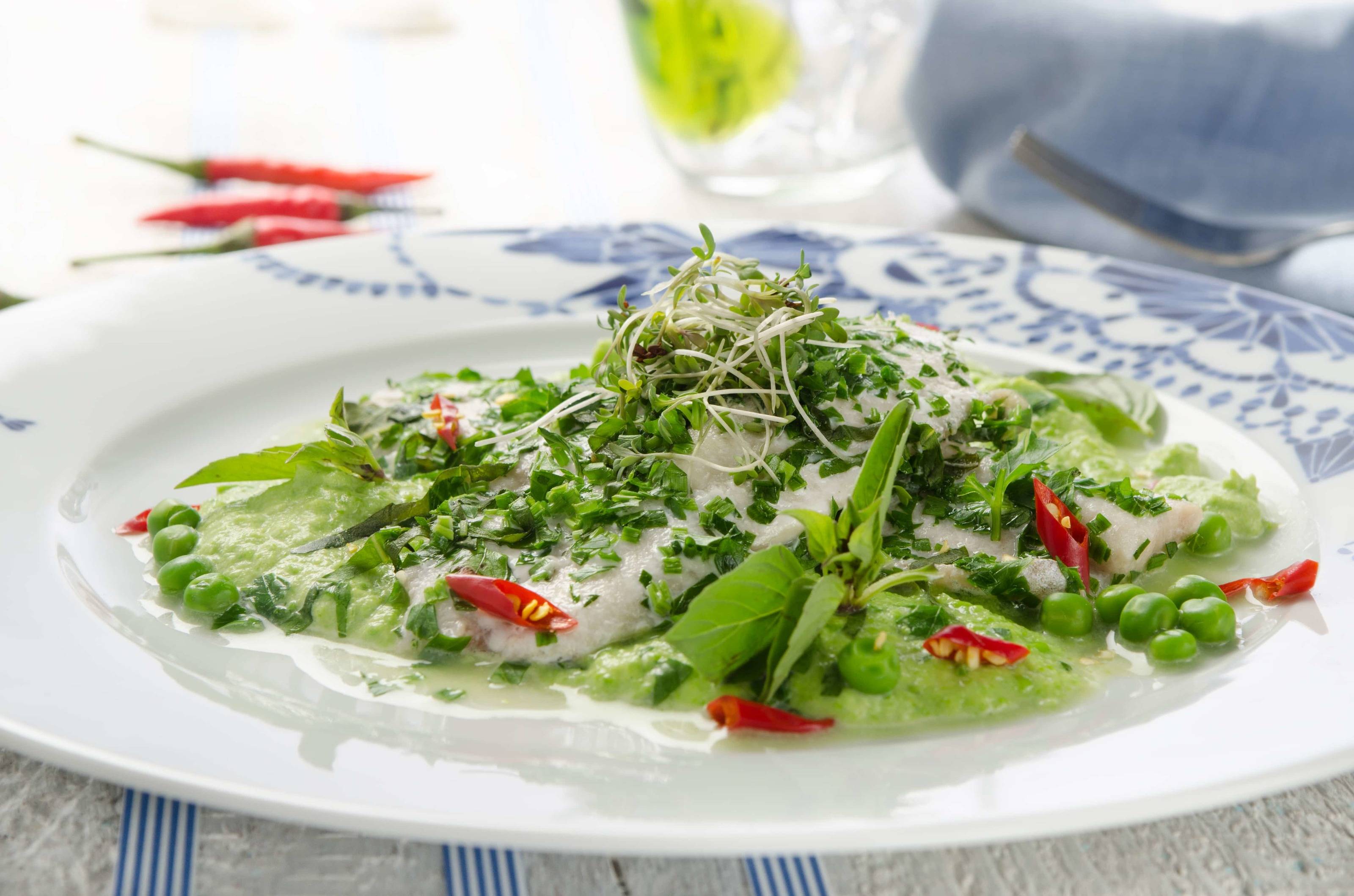 Saiblingsfilets mit Erbsen-Minze Püree