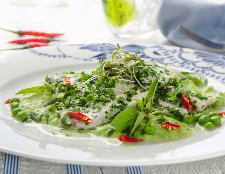 Saiblingsfilets mit Erbsen-Minze Püree Saiblingsfilets mit Erbsen-Minze Püree