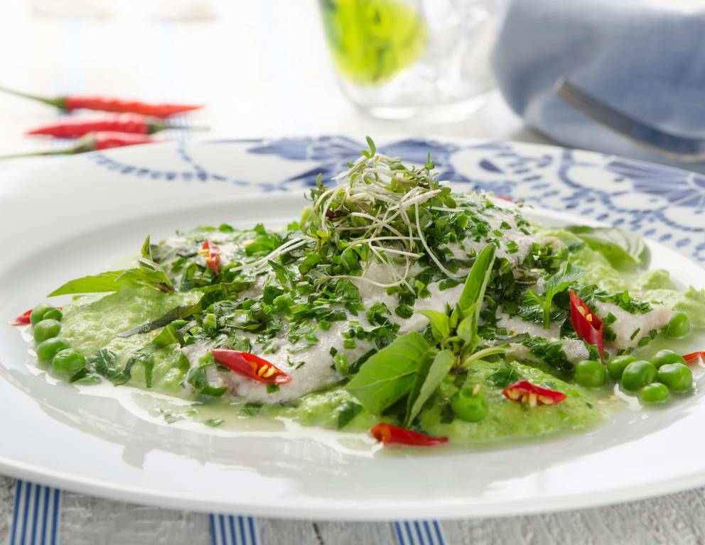 Saiblingsfilets mit Erbsen-Minze Püree Saiblingsfilets mit Erbsen-Minze Püree