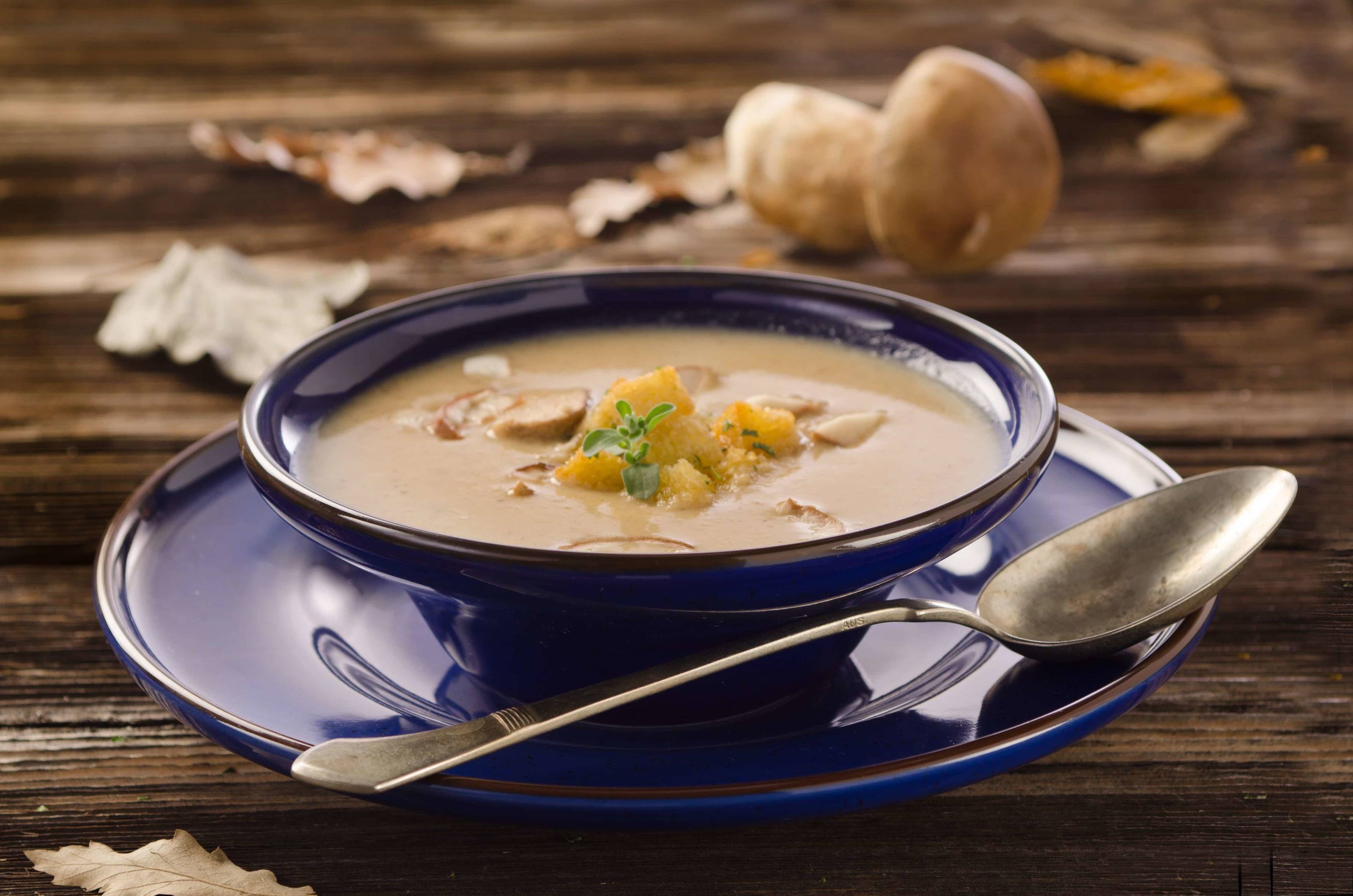 Steinpilzcremesuppe mit Majorancroûtons