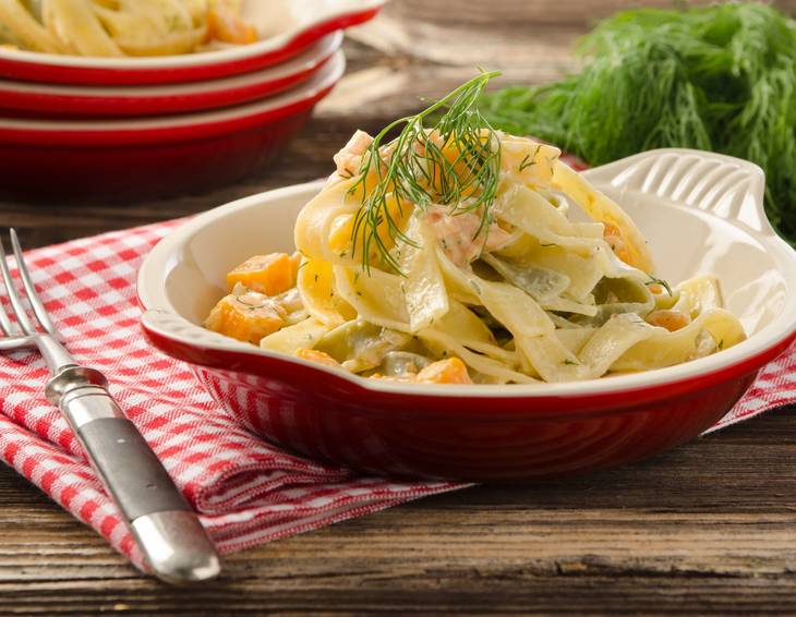 Bandnester mit geräuchertem Lachs, Kürbis und Grünem Veltliner Bandnester mit geräuchertem Lachs, Kürbis und Grünem Veltliner