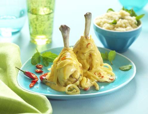 Spicy Curry Hühnerunterkeule mit Pfefferminze-Couscous Rezept