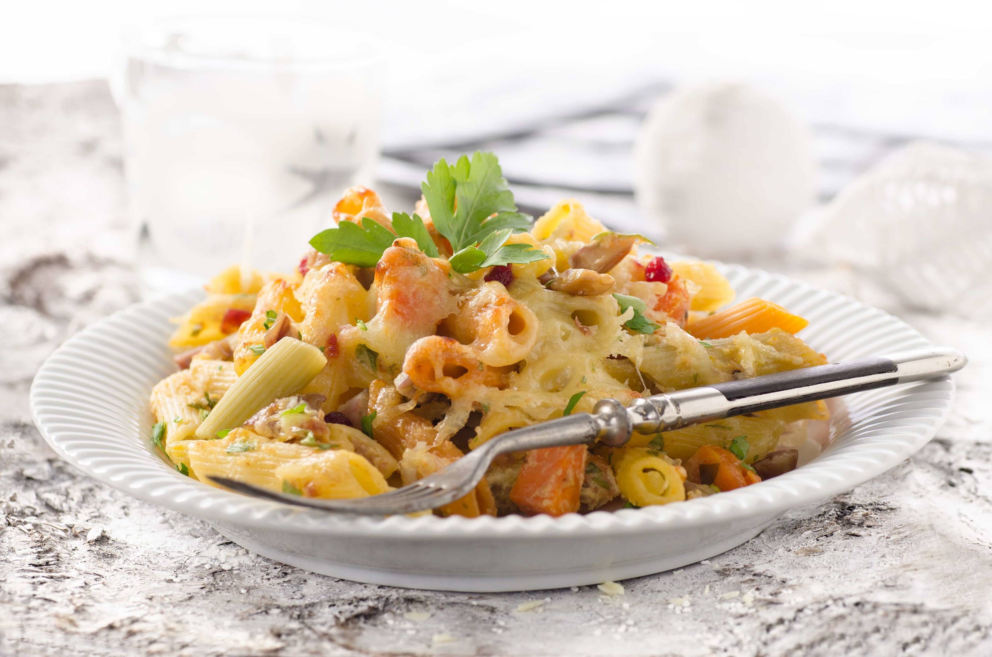 Überbackene Penne mit Süßkartoffeln und Maroni