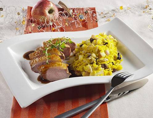 Honig-Entenbrust mit Curryreis 