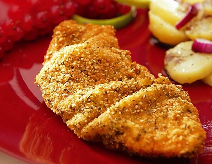 Kürbiskernschnitzel mit Erdäpfelsalat Kürbiskernschnitzel mit Erdäpfelsalat