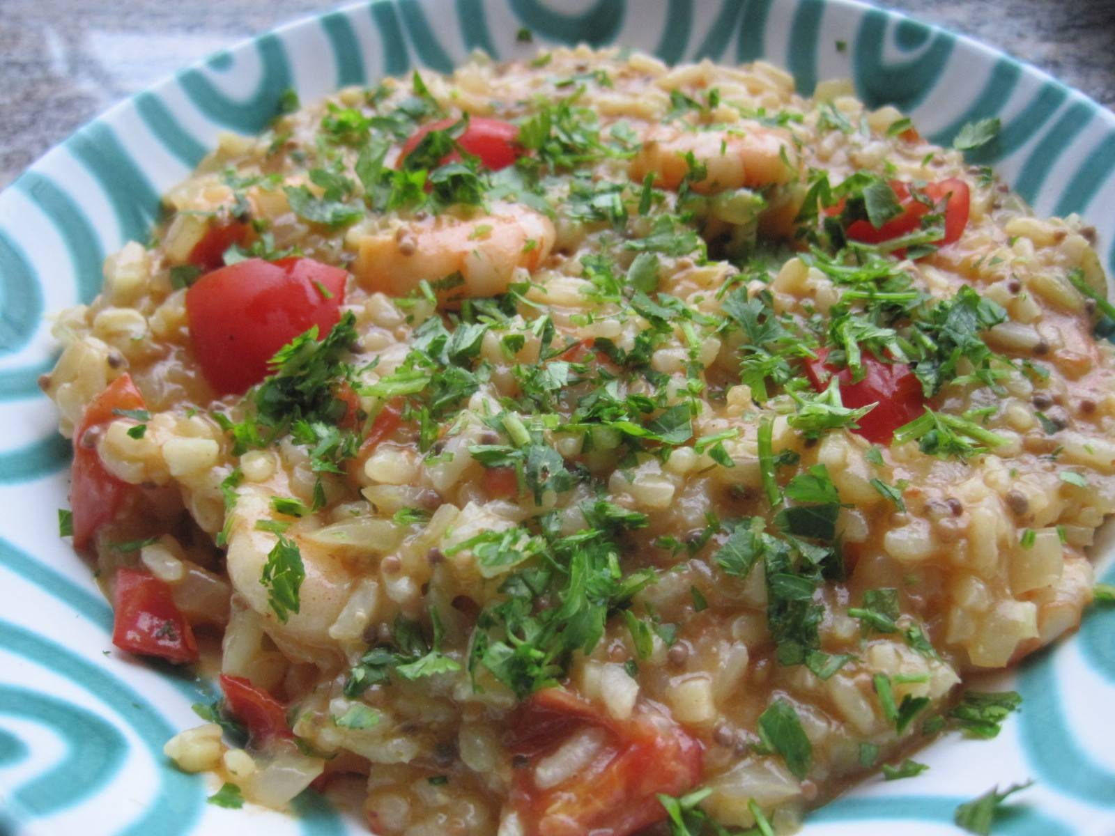 Senf-Risotto mit gebratenen Shrimps