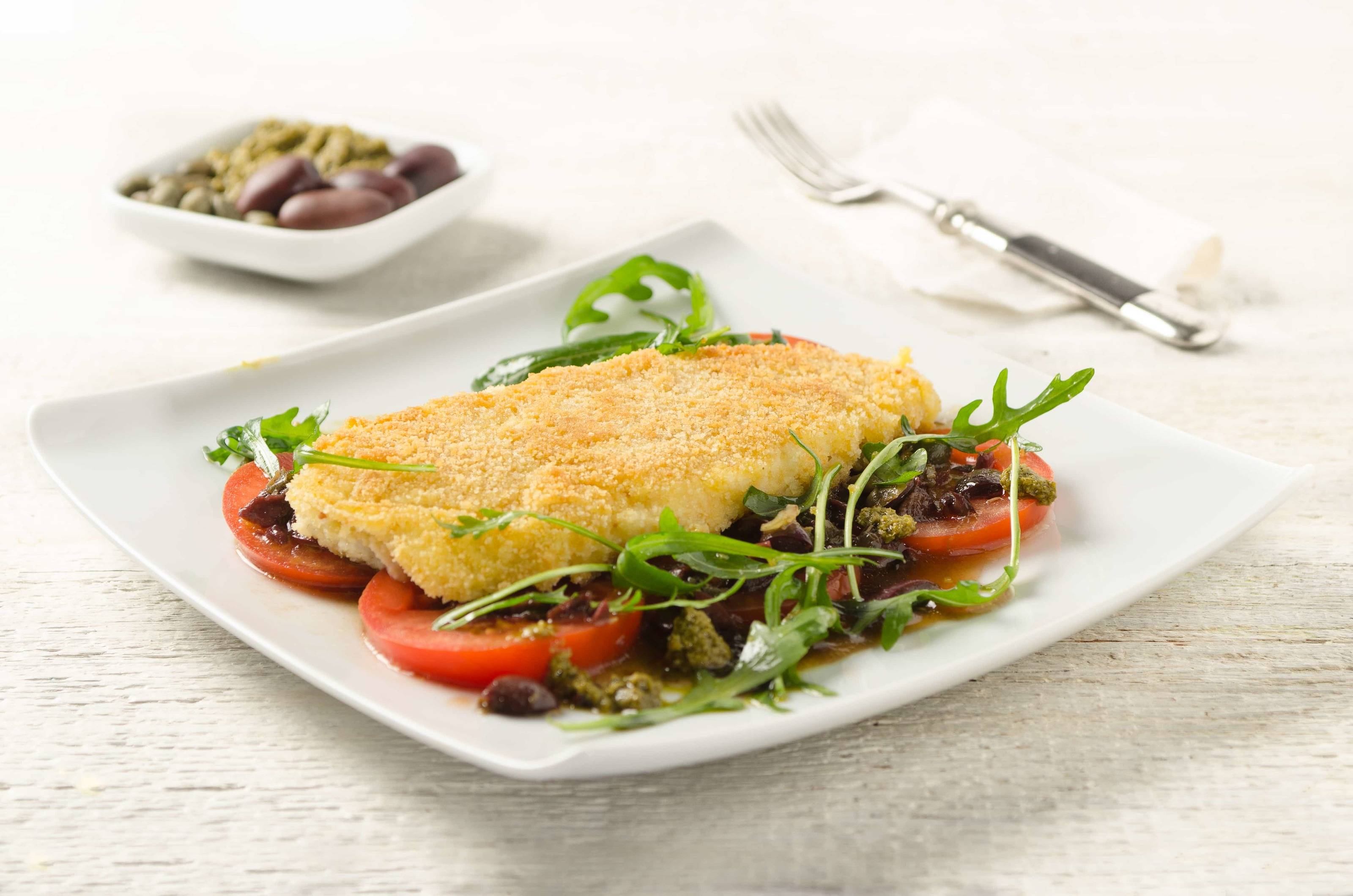 Gebackene Scholle mit Bärlauch-Pesto und Salat