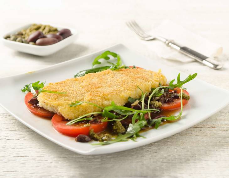 Gebackene Scholle mit Bärlauch Pesto und Salat