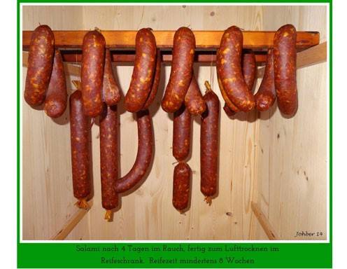 Schritt 8: Salami nach 4 Tagen im Rauch, fertig zum Lufttrocknen im Reifeschrank. Reifzeit mindestens 8 Wochen.