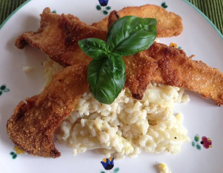Spargelrisotto mit gebackenen Kräuterseitlingen Spargelrisotto mit gebackenen Kräuterseitlingen