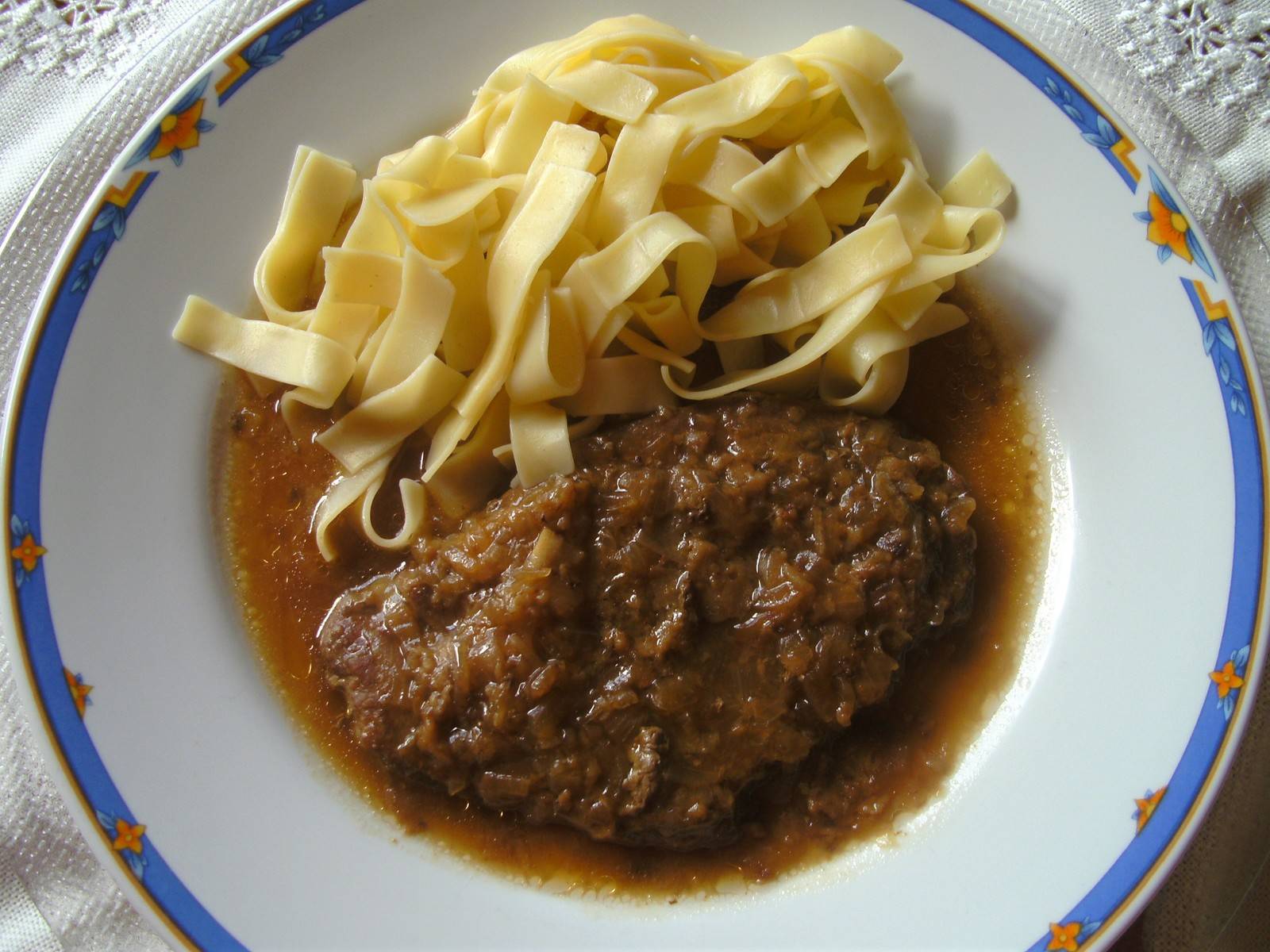 Rostbraten mit Pilzen und Bandnudeln