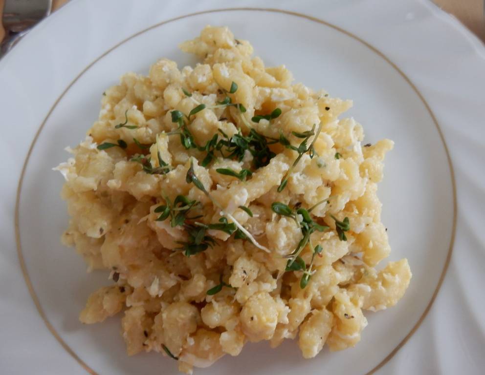 Eiernockerl mit Kräuterbutter und Kresse Eiernockerl mit Kräuterbutter und Kresse