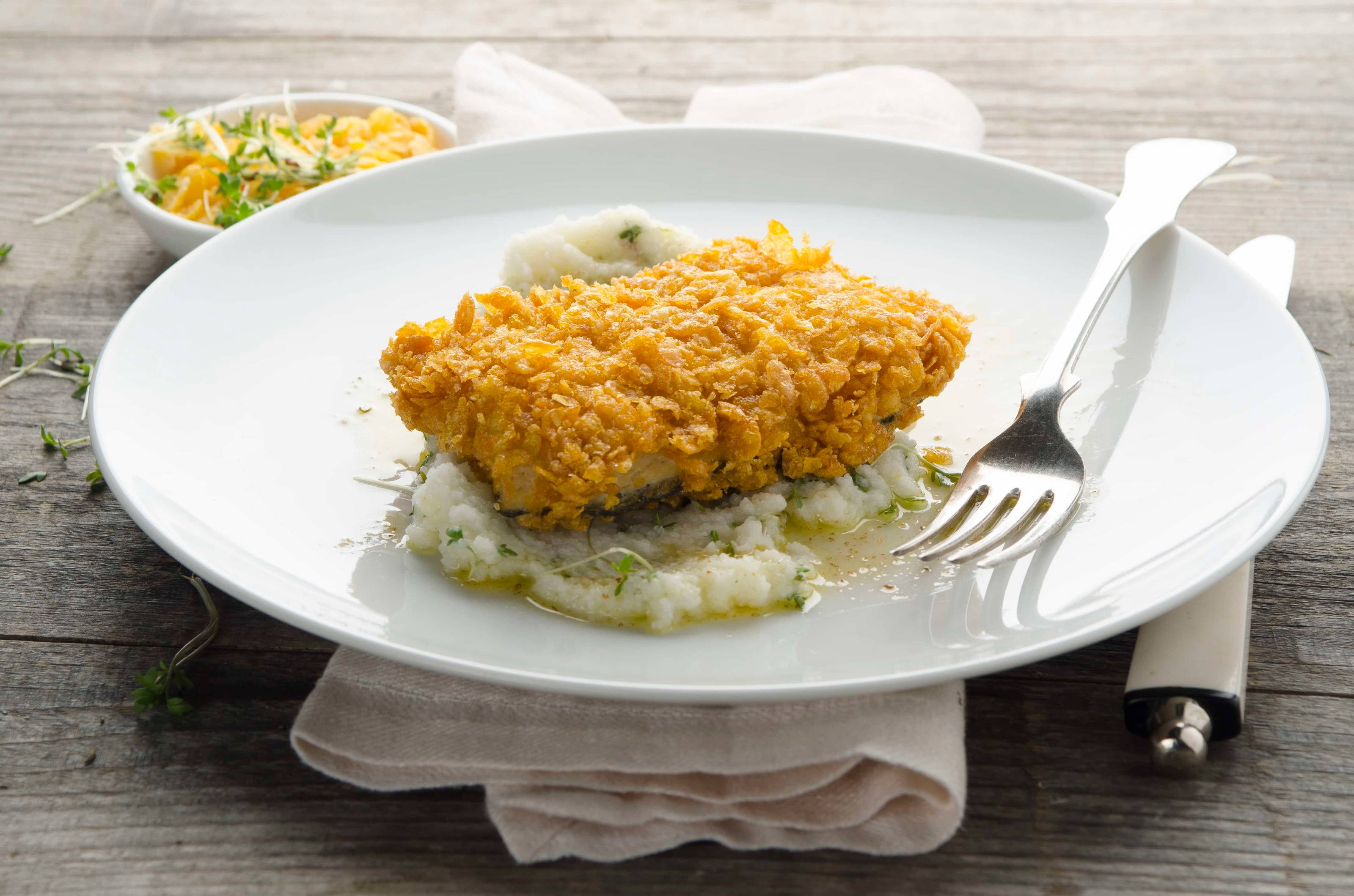 Karpfen in Cornflakes-Kruste auf Schwarzer Rettich-Püree Rezept