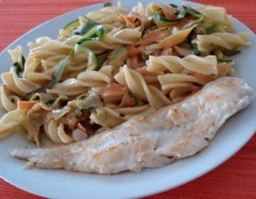 Nudeln mit Zucchini, Karotten und Alaskaseelachs Nudeln mit Zucchini, Karotten und Alaskaseelachs