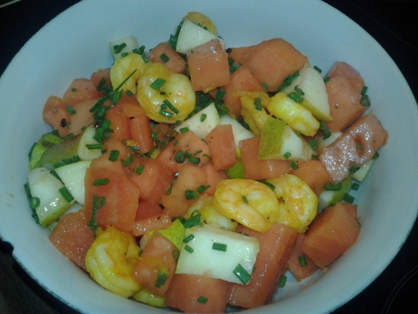 Wassermelonen-Birnen-Salat mit Garnelen