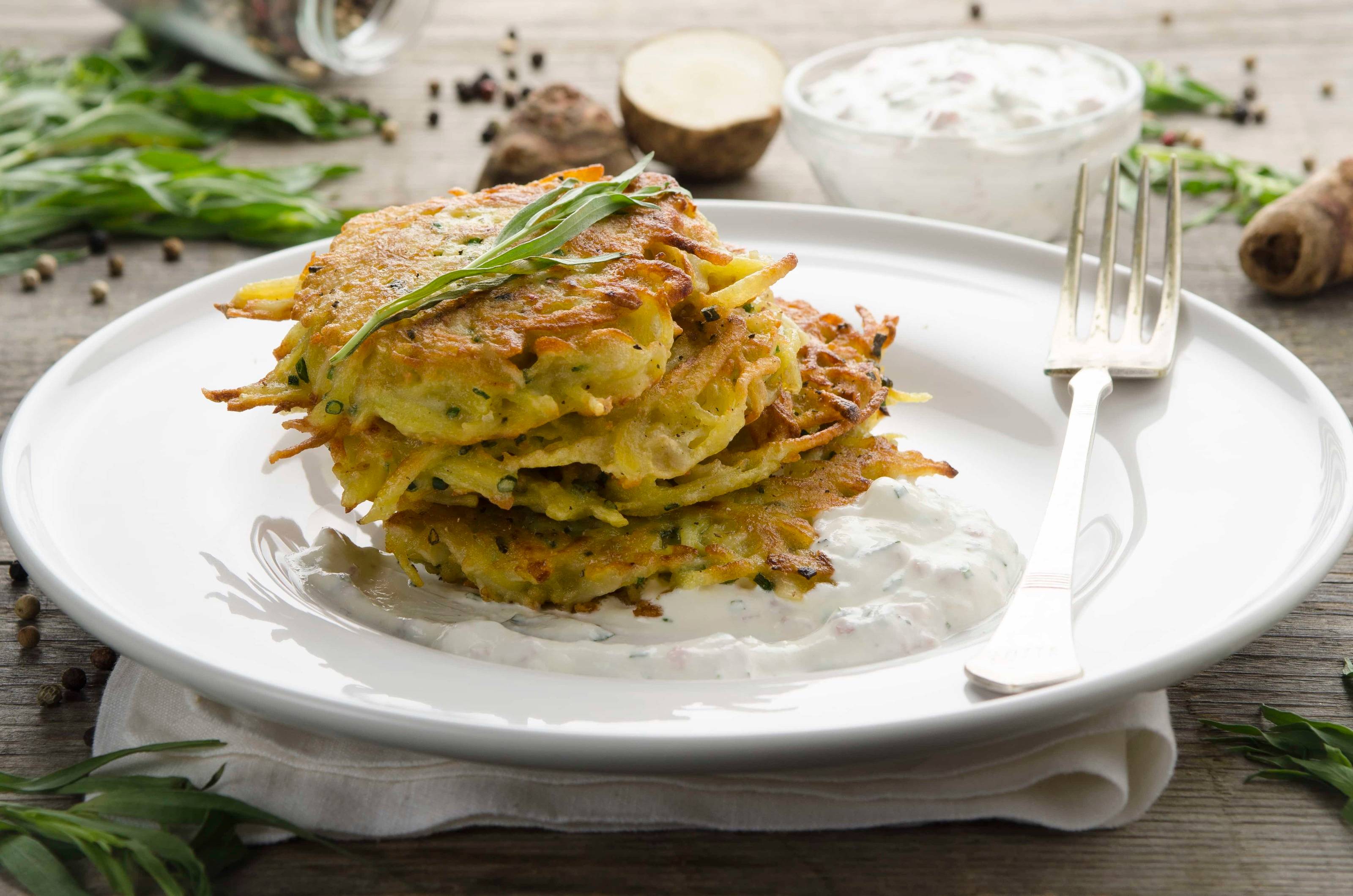 Topinambur-Rösti mit Schinken-Dip